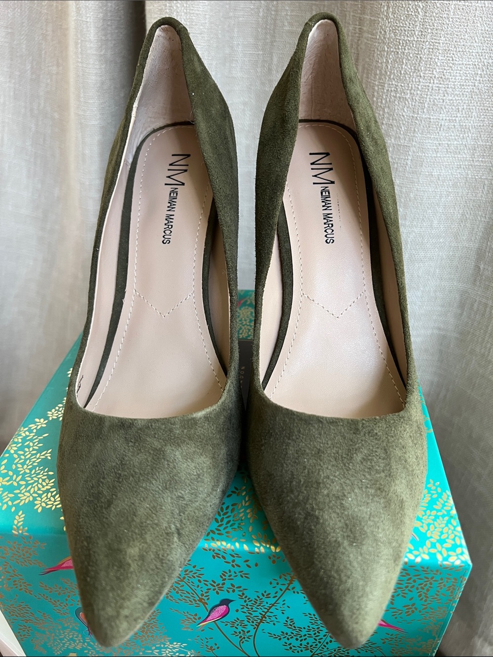 Neiman Marcus Olive Green Suede Pointed Toe Pumps